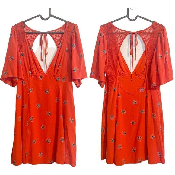 Free People Mockingbird Coral Red Floral Backless Mini Dress - Picture 4 of 8